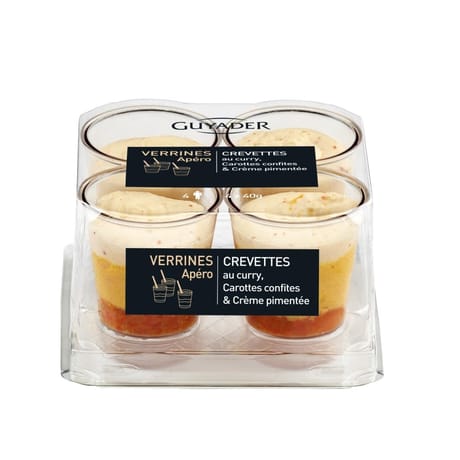 Verrines crevette au curry, carottes confites et crème pimentée 4x40g