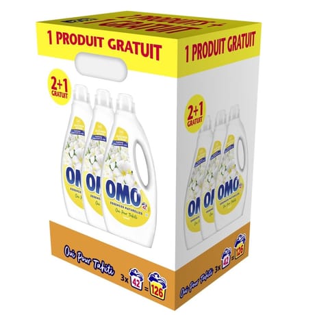 Omo lessive liquide tahiti lot de 3x42 lavages 2+1 gratuit