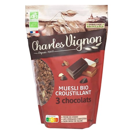 Charles Vignon muesli bio croustillant 3 chocolats 375g