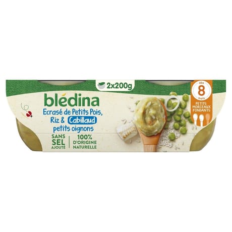 Blédina bols écrasé de petit pois, riz, cabillaud & petit oignons 2x200g