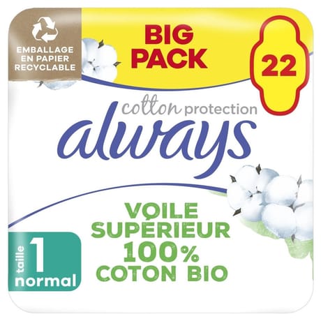 Always coton protection serviettes hygiéniques ailettes normal x22