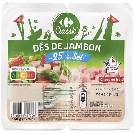 Carrefour classic dés de jambon taux de sel réduit 150g