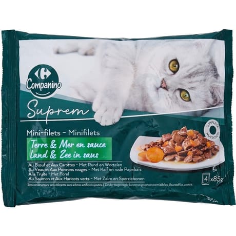 Carrefour companino patée chat adulte mini filets en sauces au boeuf, à la truite, au saumon 340g