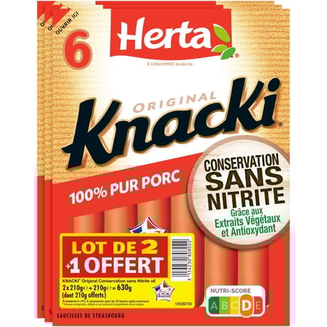 Herta knacki original conservation sans nitrite x6 lot 2+1 offert 630g