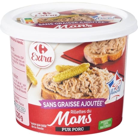 Carrefour extra rillettes du mans pur porc 220g