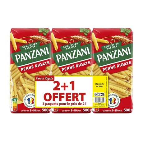 Panzani pâtes fantaisie penne 500g X 2 + 1 paquet 500g offert