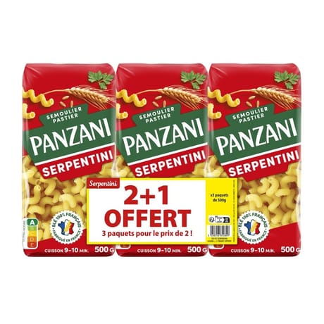 Panzani pâtes fantaisie serpentini 500g X 2 + 1 paquet 500g offert 1500g