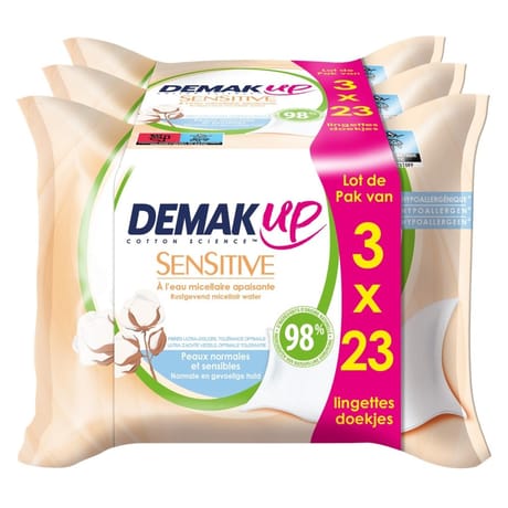 Demak'up lingettes sensitives eau micellaire apaisante lot de 3 x 23
