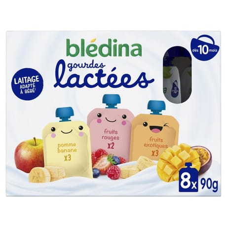 Blédina gourdes lactées fruits rouges/pomme banane/ fruits exotiques 8x85g