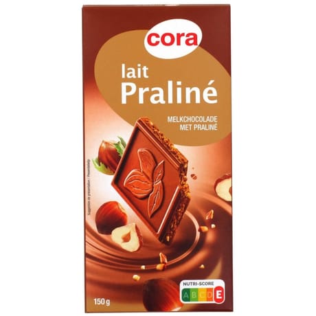 Cora chocolat supérieur au lait 48% fourré au praliné et aux éclats de noisettes caramélisés 150g