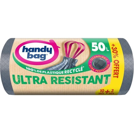 Handy bag sacs poubelles à poigneés coulissantes ultra resistant 50l + 30% gratuit