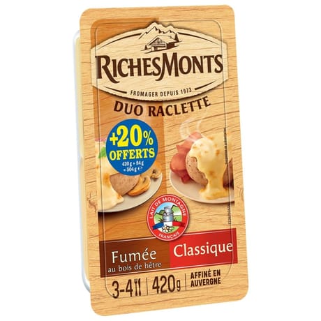 Richesmonts fromage raclette 2x8 tranchettes duo classique et fumée 420g+20% offert