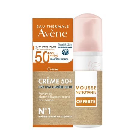 Avène crème visage 50+ UVB UVA 50ml + mousse nettoyante 50ml offerte