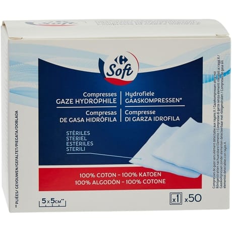 Carrefour soft compresses stériles gaze hydrophile x50