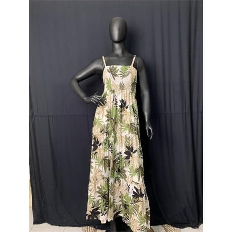 Robe longue smoké femme FEUILLES VERTES FOND BLANC TU
