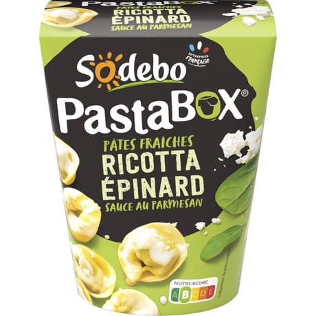 Sodebo pasta box tortellini ricotta épinards sauce au parmesan 280g