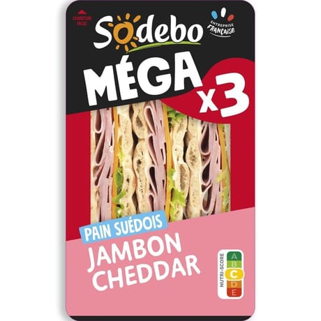 Sodébo Sandwich le méga club suédois jambon cheddar 230g