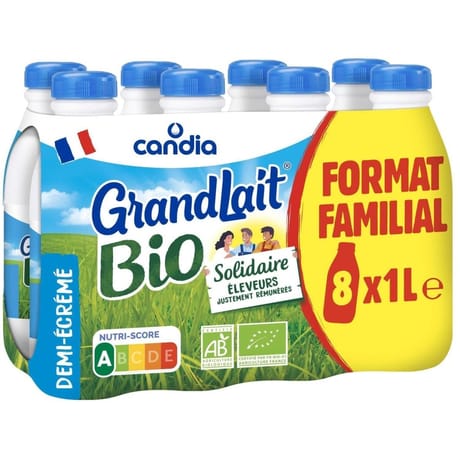 GrandLait Bio lait demi-écrémé bouteille format familial 8x1l