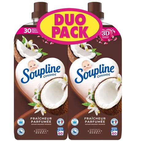 Soupline concentré adoucissant fraîcheur parfumée 3d coco 2x1.28l