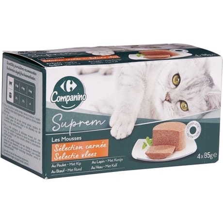 Carrefour companino pâtée pour chat adulte en mousse au poulet, au lapin, au boeuf & veau x4 - 340g