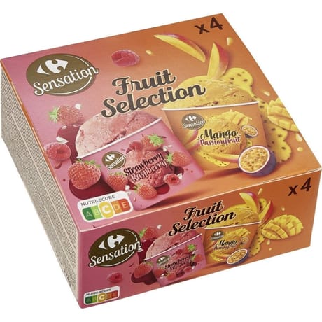 Carrefour sensation 4 pots glaces fraise framboise/mangue passion 274g