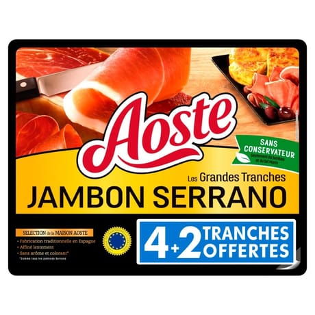 Aoste jambon serrano 4 grandes tranches +2 offertes 150g