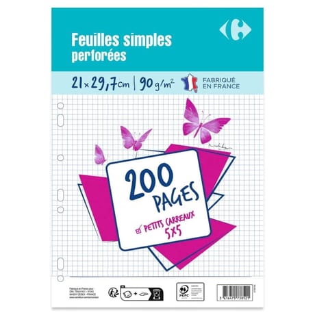 Carrefour 200 feuilles simples perforées 21x29.7 cm petits carreaux 5x5