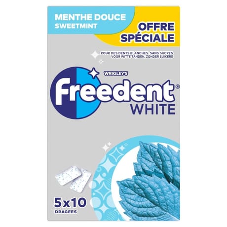 Freedent white menthe douce étui de 10 dragées x5-70g