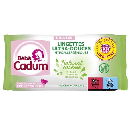Cadum Bébé lingettes natural caresse 2 x 60 100% biodégradables