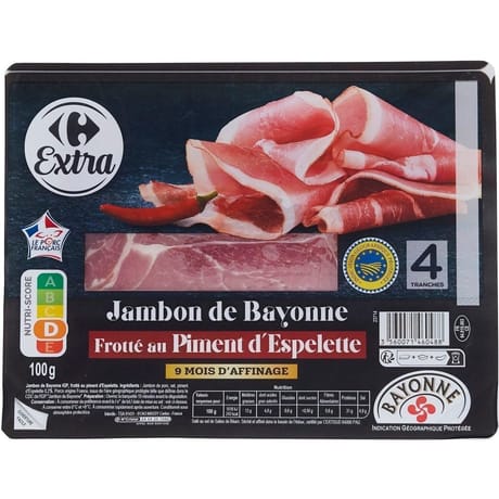 Carrefour extra jambon de bayonne frotté au piment d'Espelette 4 tranches 100g