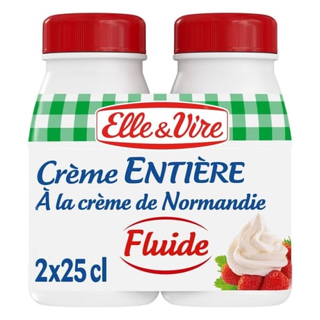 Elle & vire crème entière 30% MG fluide stérilisée uht bouteille 2x25cl