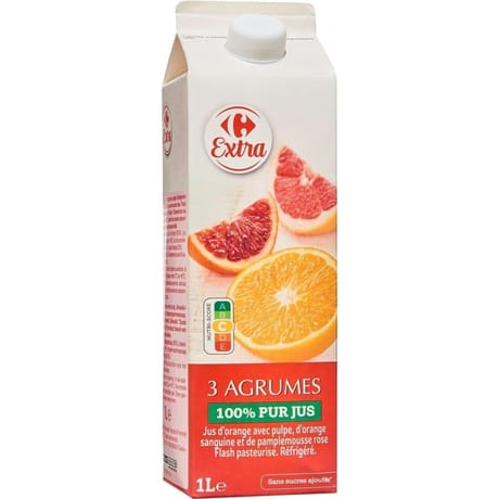 Carrefour extra jus de fruits 3 agrumes 100% pur jus sans sucres ajoutés 1l
