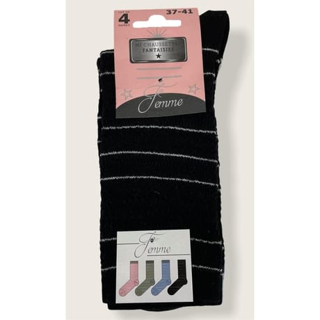 Lot de 4 paires de mi chausettes fantaisies GRIS/NOIR/BLEU/ROSE 37\41