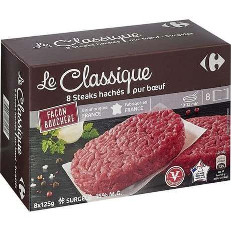 Carrefour le classique steak haché façon bouchère pur boeuf 15% mg 8x125g