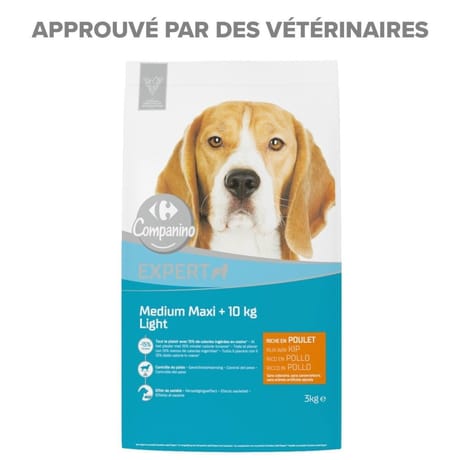 Carrefour companino croquettes pour chien adulte médium/maxi light au poulet 3kg