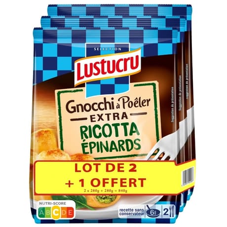 Lustucru sélection gnocchi à poêler ricotta épinard lot de 2 + 1 offert - 840g