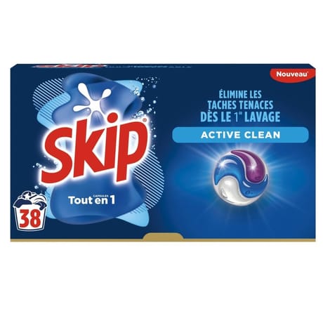 Skip lessive capsules 3 en 1 active clean x38 -0.8018kg