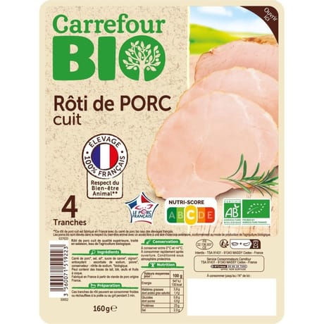 Carrefour bio rôti de porc cuit 4 tranches 160g