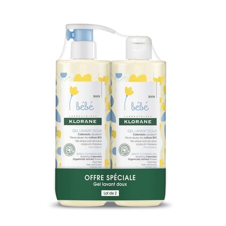 Klorane bébé gel lavant doux au calendula apaisant corps et cheveux 2x500ml