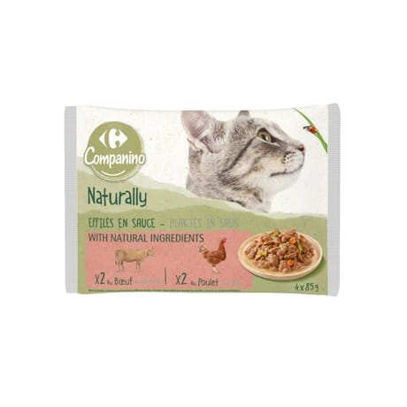 Carrefour Companino Naturally effilés en sauce boeuf & poulet  pour chat adulte 4x85g