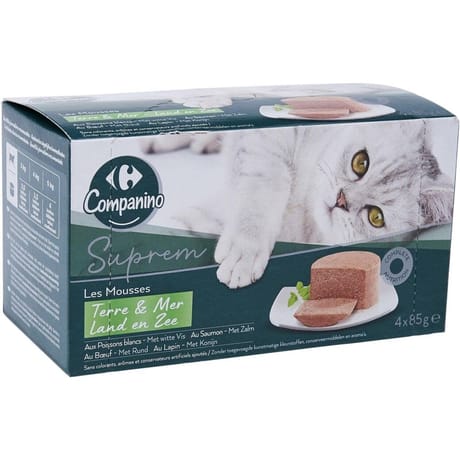 Carrefur companino pâtée pour chat Adulte en mousse aux poissons, au saumon, au boeuf & lapin 340g