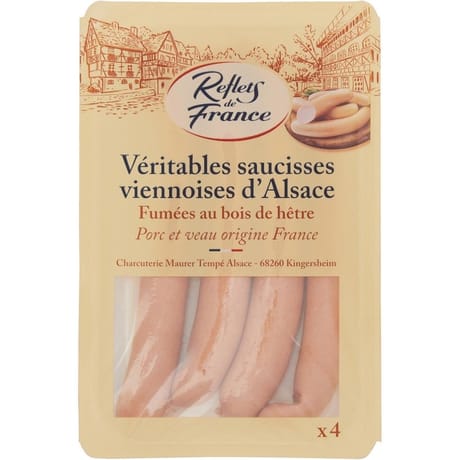 Reflets de France saucisses viennoises d'Alsace fumées au bois de hêtre porc et veau x4 240g
