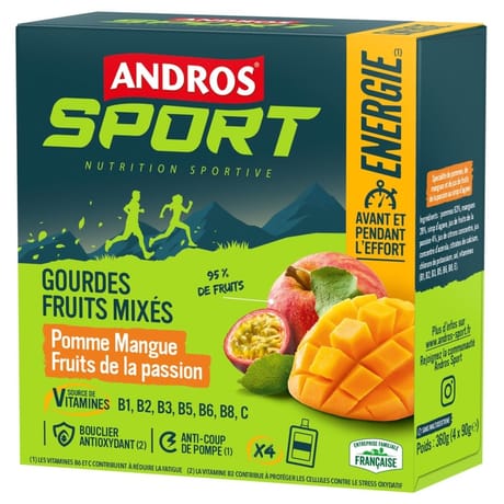 Andros sport gourdes fruits mixés pomme mangue fruits passion 4x90g