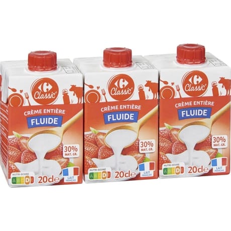 Carrefour classic crème entière fluide 30%mg 3x20cl