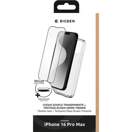 Pack iphone 16 pro max coque transparente + verre trempe + smartframe