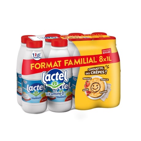 Lactel lait entier bouteille  8x1l format familial