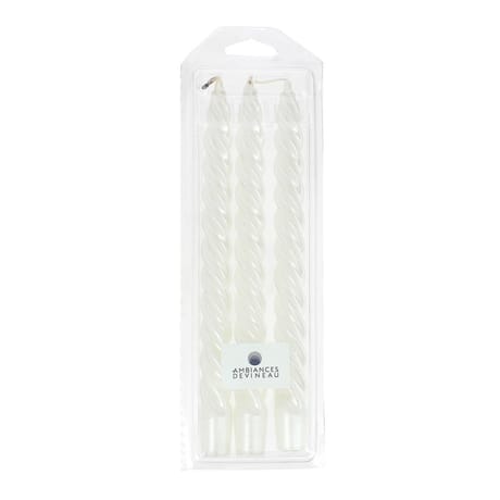 Devineau 3 bougies flambeaux blanc unis torsadés -boîte rhodo