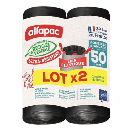 Alfapac sacs poubelle 50l a lien coulissant élastique lot de 2x10 sacs