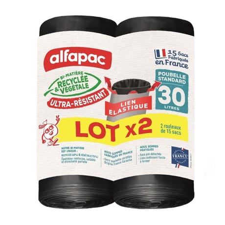 Alfapac sacs poubelle 30l à lien coulissant élastique lot de 2x15 sacs