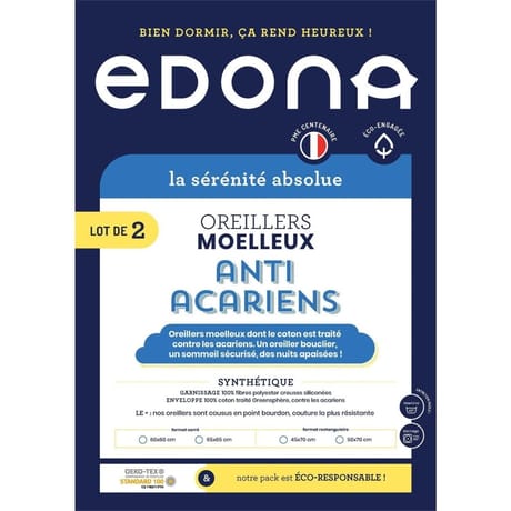 Edona lot de 2 oreillers 60x60cm anti-acariens